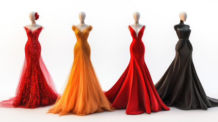 Elegant gowns on mannequins with a clean white background, perfect for displaying fashion and textの素材