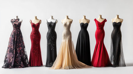 Elegant evening dresses displayed on mannequins against a clean white background, ample copy space with no peopleの素材