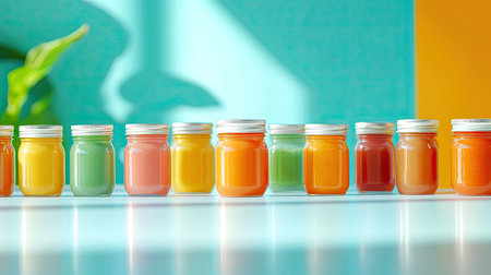 Colorful array of baby food jars and purees on a clean table, perfect for adding textの素材