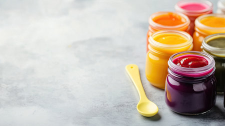 Colorful assortment of baby food jars with a spoon on a clean surface, ample space for textの素材