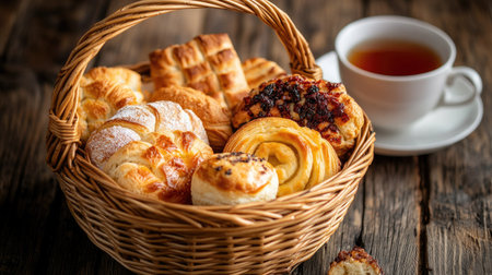 Close-up shot of a wicker basket with a variety of homemade pastries and a cup of tea, featuring ample copy spaceの素材