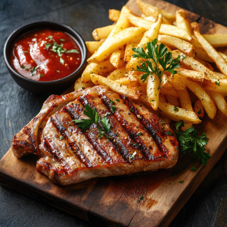 Delicious Grilled Meat with French Friesの素材