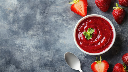 Top view of a baby food bowl with pureed fruits and a spoon, copy space available for textの素材