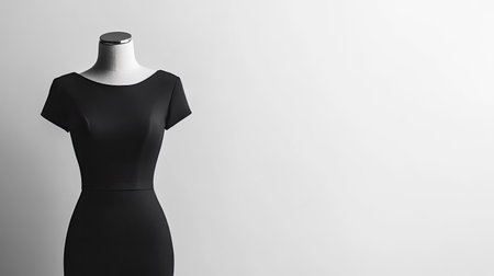 Sleek contemporary dress on a mannequin against a plain white background, ideal for placing text or documentsの素材