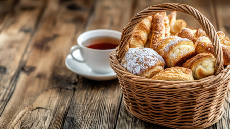 Close-up shot of a wicker basket with a variety of homemade pastries and a cup of tea, featuring ample copy spaceの素材