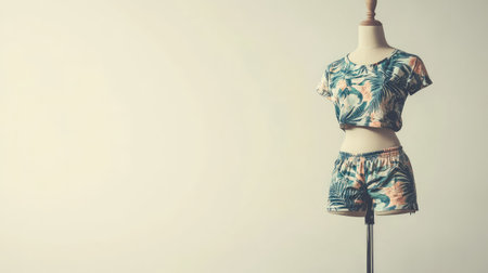 Trendy casual beachwear ensemble including a graphic tee and shorts on a dress form, with a plain white backgroundの素材