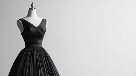 Elegant modern dress displayed on a mannequin with a clean white background, providing plenty of space for text or documentsの素材