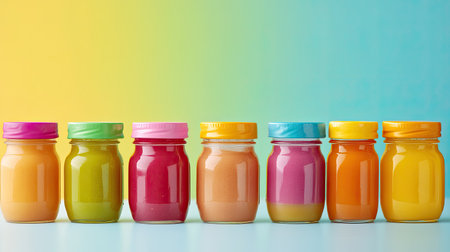 Colorful array of baby food jars and purees on a clean table, perfect for adding textの素材