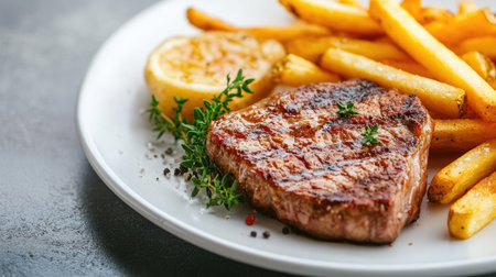 Savory grilled meat accompanied by french fries and herbs on a white plate, close-up with ample copy spaceの素材