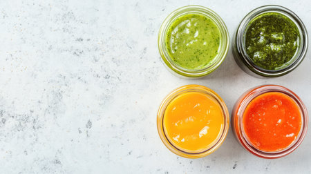 Top view of healthy baby food jars and bowls with ample copy space for textの素材