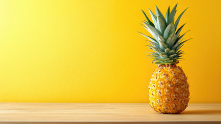 Pineapple on a wooden table with a yellow wall background, close-up with room for adding textの素材