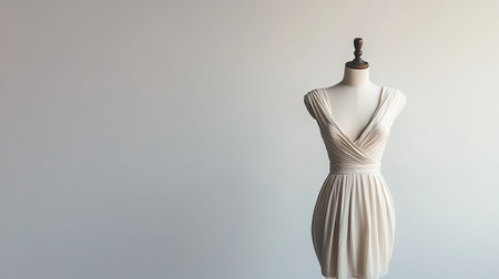 Fashionable dress on a mannequin with a minimalist white background, providing ample room for text or document additionの素材