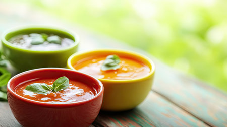 Fresh baby food purees in bowls with a soft-focus background, perfect for adding textの素材