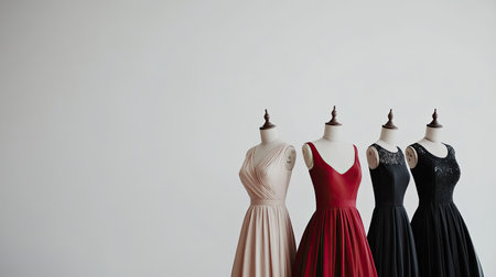 Sophisticated dresses on mannequins, set against a plain white background with plenty of copy spaceの素材