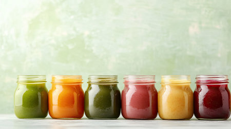 Varied baby food purees in jars with a soft-focus background and space for textの素材