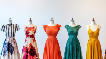 Stylish summer dresses showcased on mannequins with a crisp white backdrop, plenty of room for textの素材