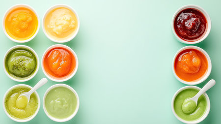 Variety of homemade baby food in bowls with a spoon, clean background with copy spaceの素材