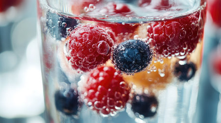 Close-up of a glass of fruit-infused water with floating berriesの素材