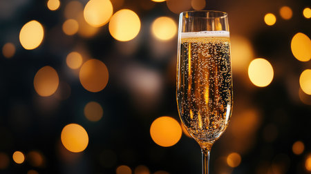A glass of sparkling champagne with bubbles, elegant settingの素材