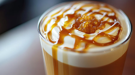 Close-up of a caramel macchiato with a drizzle on topの素材