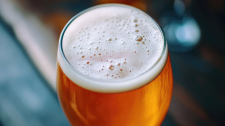 Chilled craft beer in a glass with a frothy head, close-upの素材