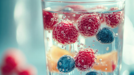 Close-up of a glass of fruit-infused water with floating berriesの素材