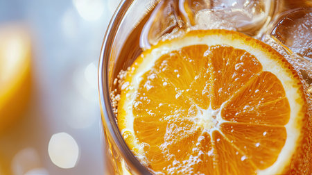 Close-up of a glass of iced tea with a slice of orangeの素材