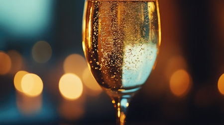 Close-up of a bubbly sparkling wine in a glass fluteの素材