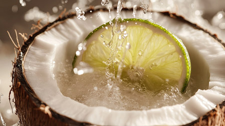 Close-up of a refreshing coconut water with a slice of limeの素材