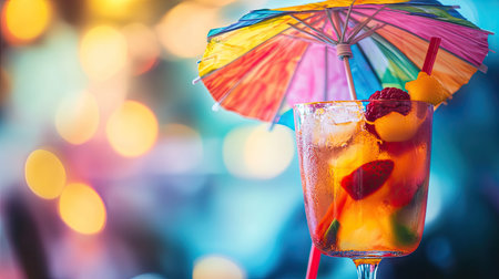 Close-up of a tropical cocktail with a colorful umbrella and fruitの素材