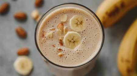 Smoothie with banana and almond milk, close-up on a clean backgroundの素材