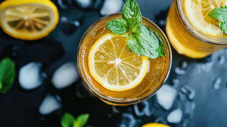 Iced green tea with floating lemon slices and mint leavesの素材