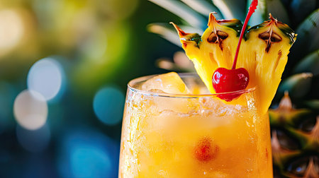 Close-up of a tropical cocktail with pineapple and cherry garnishの素材