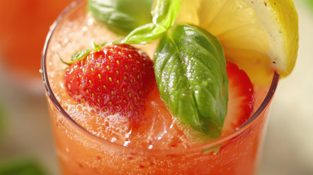 Refreshing strawberry and basil lemonade in a glass, close-upの素材
