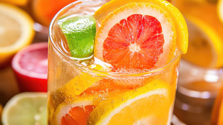 Fruit punch in a clear glass with slices of citrus fruitsの素材