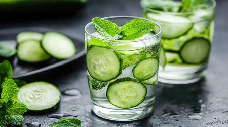 Refreshing cucumber water in a glass with mint leavesの素材