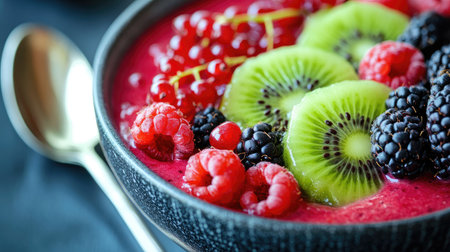 Smoothie bowl with kiwi and berries, close-up with a spoonの素材