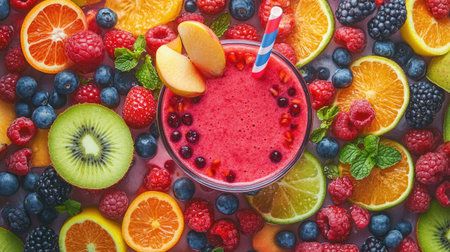 Smoothie with mixed berries in a glass, surrounded by colorful fruit slicesの素材