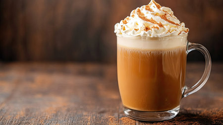 Rich caramel latte in a clear glass cup with whipped creamの素材