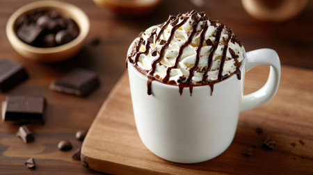 Rich hot mocha with whipped cream and chocolate drizzleの素材