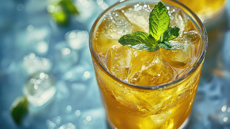Iced green tea with a mint garnish, close-up with bright natural lightの素材