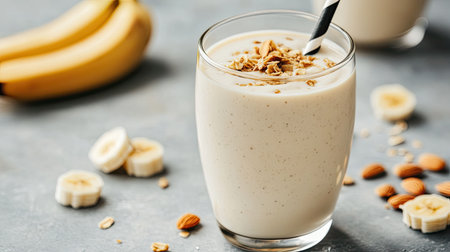 Smoothie with banana and almond milk, close-up on a clean backgroundの素材