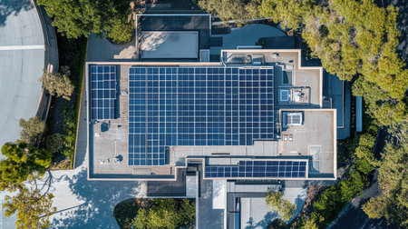 Aerial view of photovoltaic panels with room for marketing textの素材