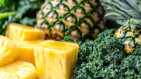 Smoothie with kale and pineapple, close-up on a white backgroundの素材