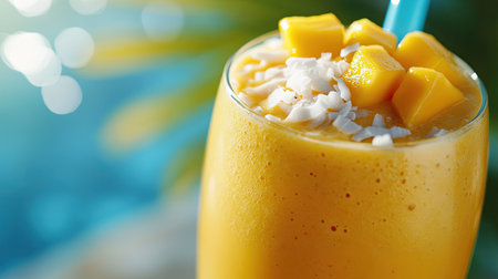Smoothie with mango and coconut, close-up with tropical backgroundの素材