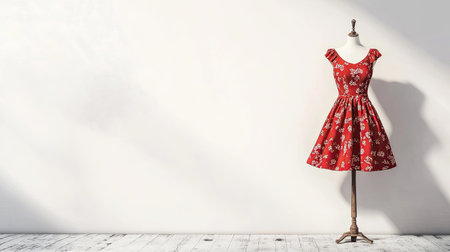 Trendy dress on a mannequin with a simple white background, featuring ample space for text or copy, with no people presentの素材