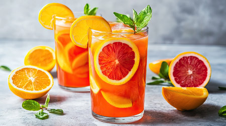 Fruit punch in a clear glass with slices of citrus fruitsの素材