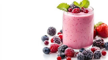 Baby-friendly fruit smoothie with yogurt and mixed berries, isolated with ample copy spaceの素材