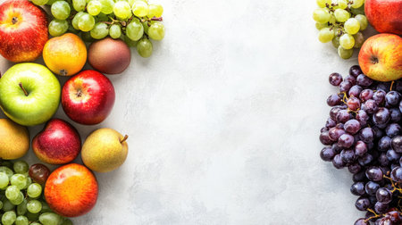Colorful assortment of fresh fruits including grapes and apples with space for textの素材