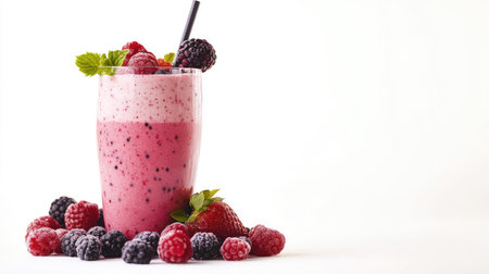 Baby-friendly fruit smoothie with yogurt and mixed berries, isolated with ample copy spaceの素材